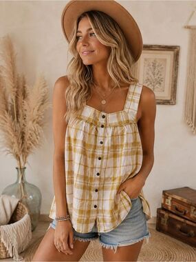 a.n.a Boho Chic Yellow Plaid Button-Front Tank